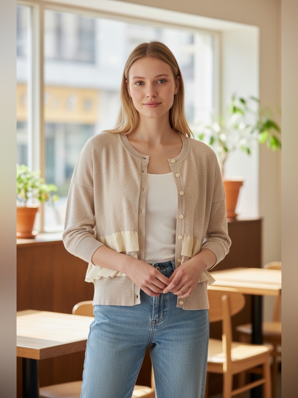 Chloe Beige Cardigan with Cream Ruffle Hem
